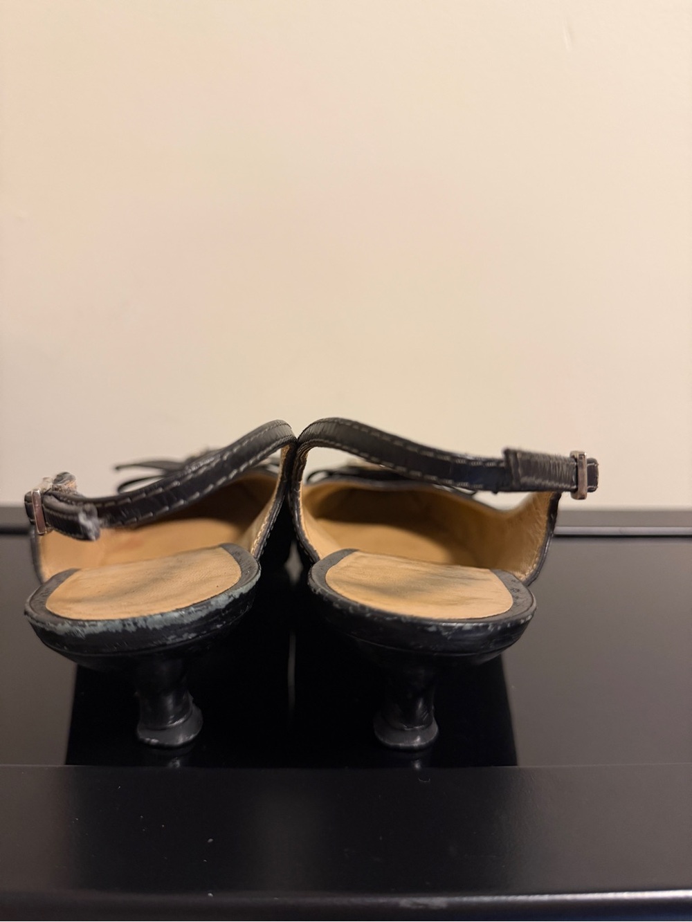 Salvatore Ferragamo Black Pointed Slingback Kitten Heels with Buckle Detail - Picture 3 of 5
